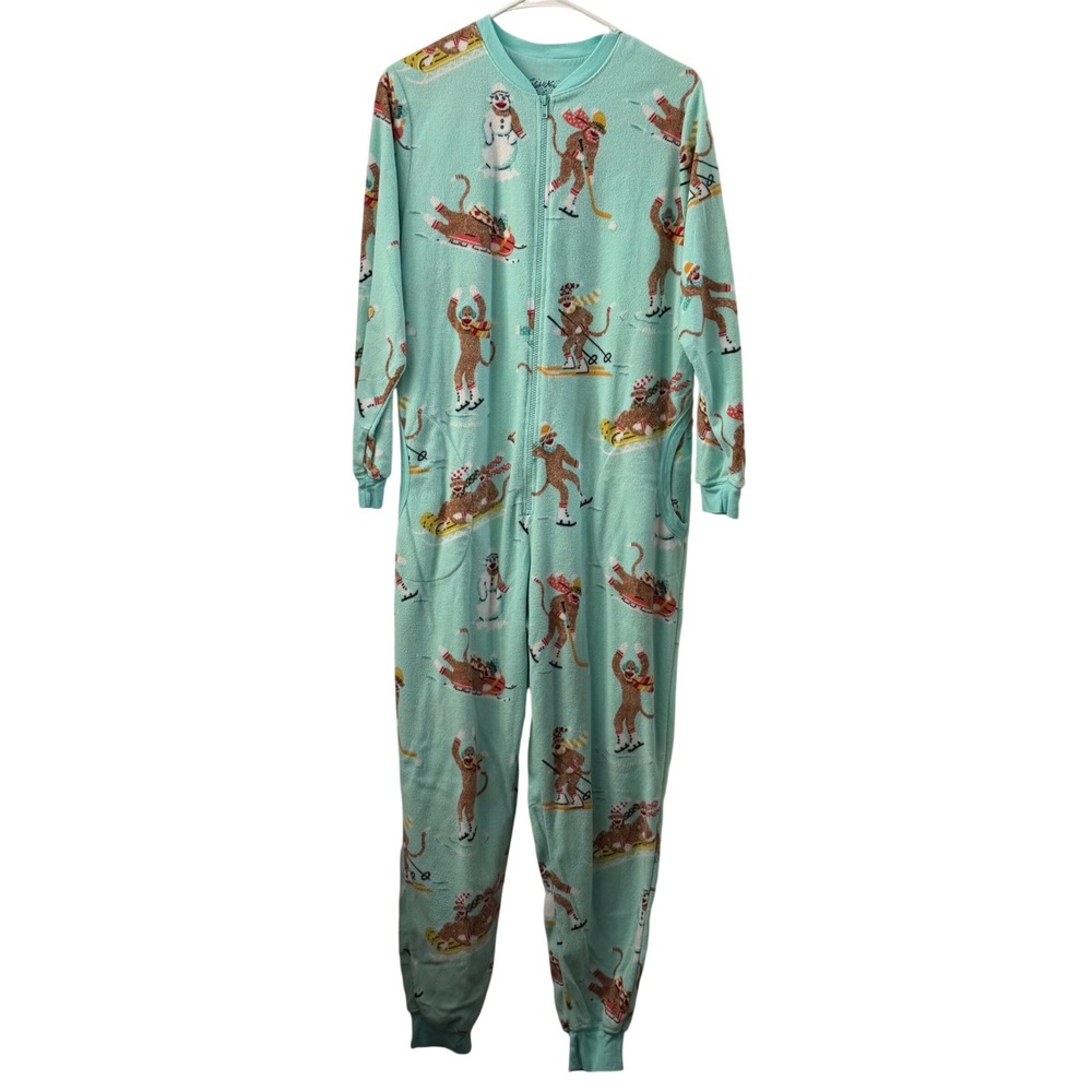 Nick & Nora Sock Monkey Winter Sports Fleece One Piece Pajamas‎ Medium Aqua
